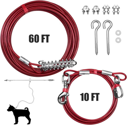 BV 60ft Aerial Pet Trolley System with 10ft Pulley Lead - Heavy Duty Dog Tie Out for Yard up to 125 lbs, Reflective Run Cable (Not a Leash, Bare End)