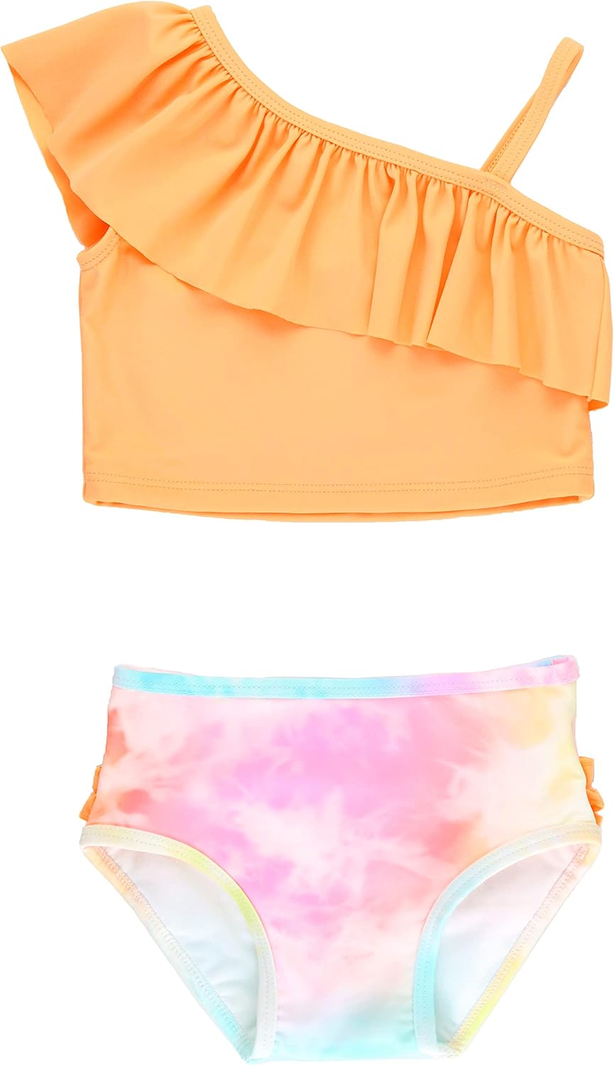 RuffleButts Girls UPF50+ Sun Protection One Shoulder Ruffle Tankini Two Piece Swimsuit