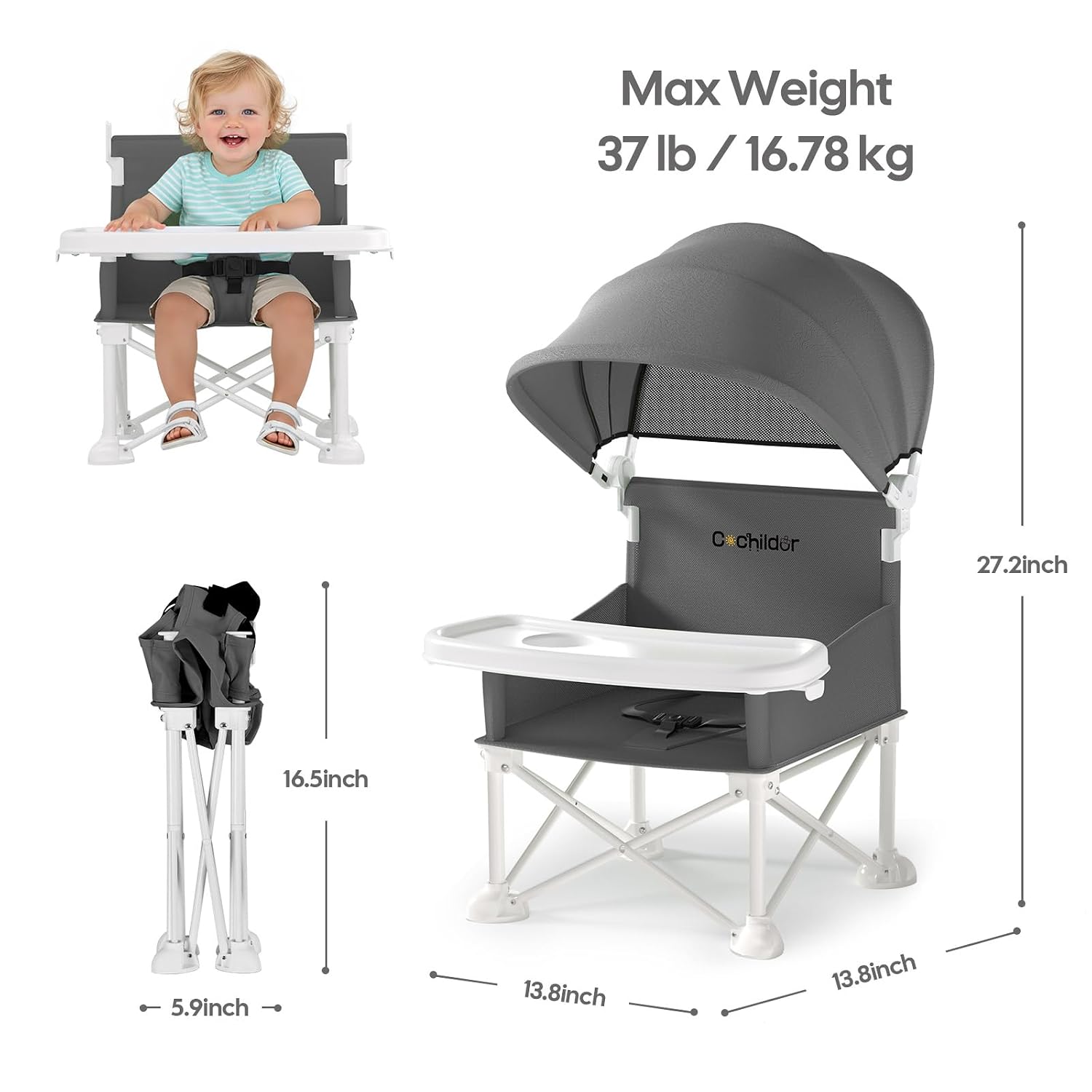 Cochildor 4-in-1 Portable Baby Chair, Foldable Toddler Booster Seat, Gray