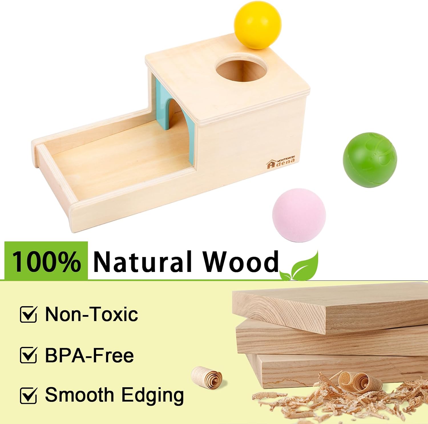 Adena Montessori Wooden Toy for 6-12 Month Baby 3 Balls with Tray, Object Permanence Box Colorful Learning Education Toy for Toddler Kid 1-2 Year Old, Preschool Developmental Girl and Boy Gift