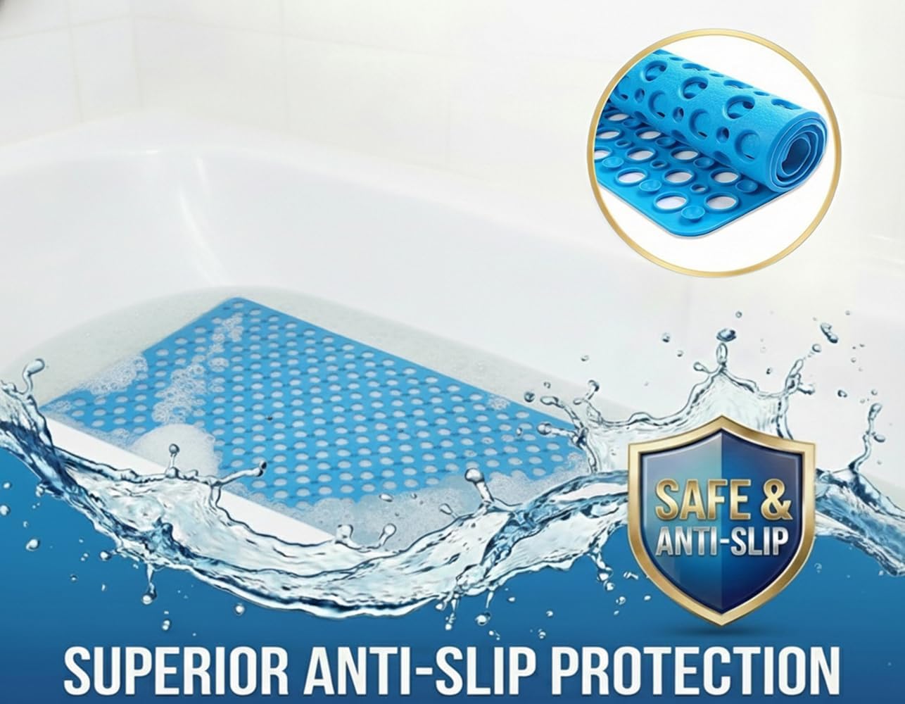 Nonslip Bath Tub Shower Mat with Suction Cups, Extra Soft TPE Bath Mat for Kids, Bathtub Bathroom Mats, Machine Washable, Smooth/Non-Textured Tubs Only, 35L x 16W Inch(Lake Blue)