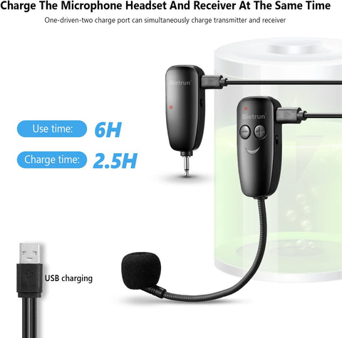 Bietrun Wireless Microphone Headset, UHF Wireless Headset Mic System, 160ft Range,1/8'' and 1/4'' Plug, for Speakers, Voice Amplifier, PA System(Not Supported AUX/iOS)