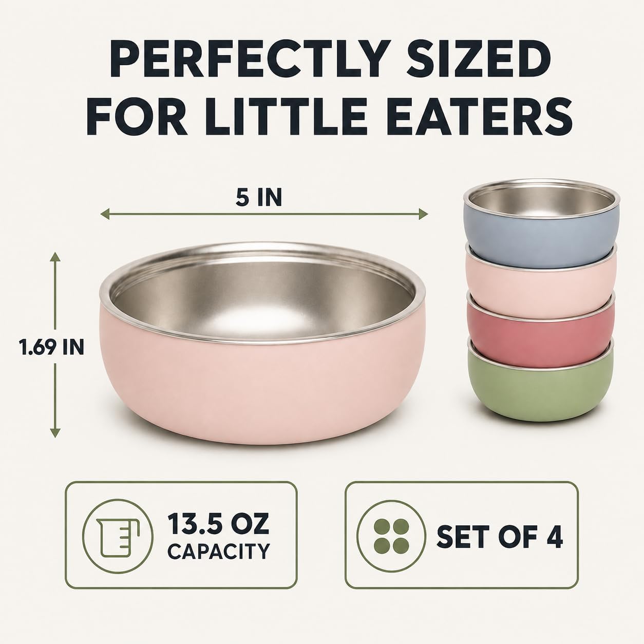 Monkey Proof™ Non-Toxic Stainless Steel Child Bowl 5” with Non-Slip Silicone Shell, Multi-color, (Set of 4 bowls) Unbreakable, Mess Free Feeding for Babies, Toddlers, Kids, BPA free