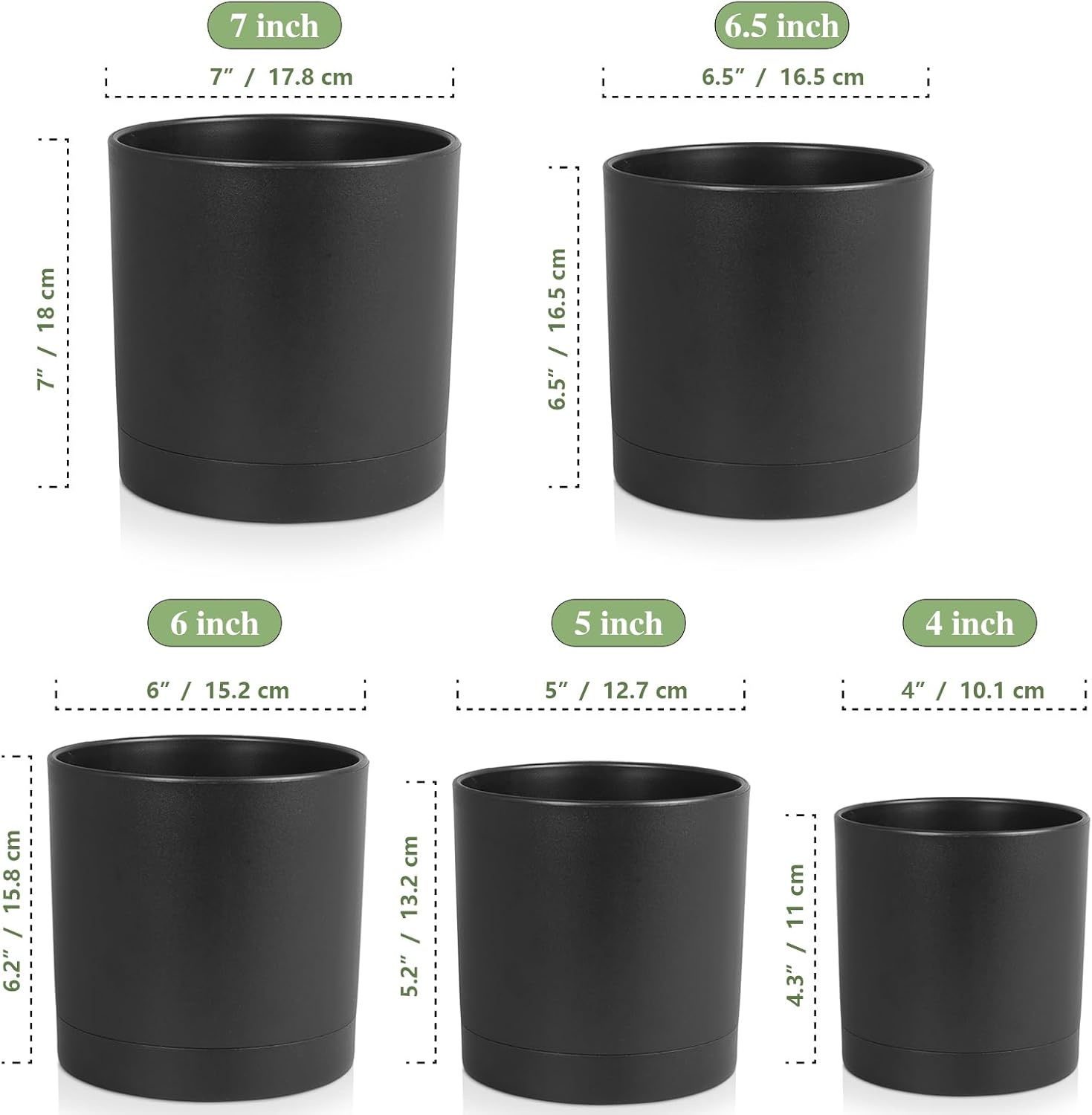 Meowell 7/6.5/6/5/4 inch Plant Pots for Small Indoor Outdoor Plants, 5 Pack Cylinder Flower Pots with Drainage Holes and Saucers, Plastic Planters for Garden Succulent House Plants, Black