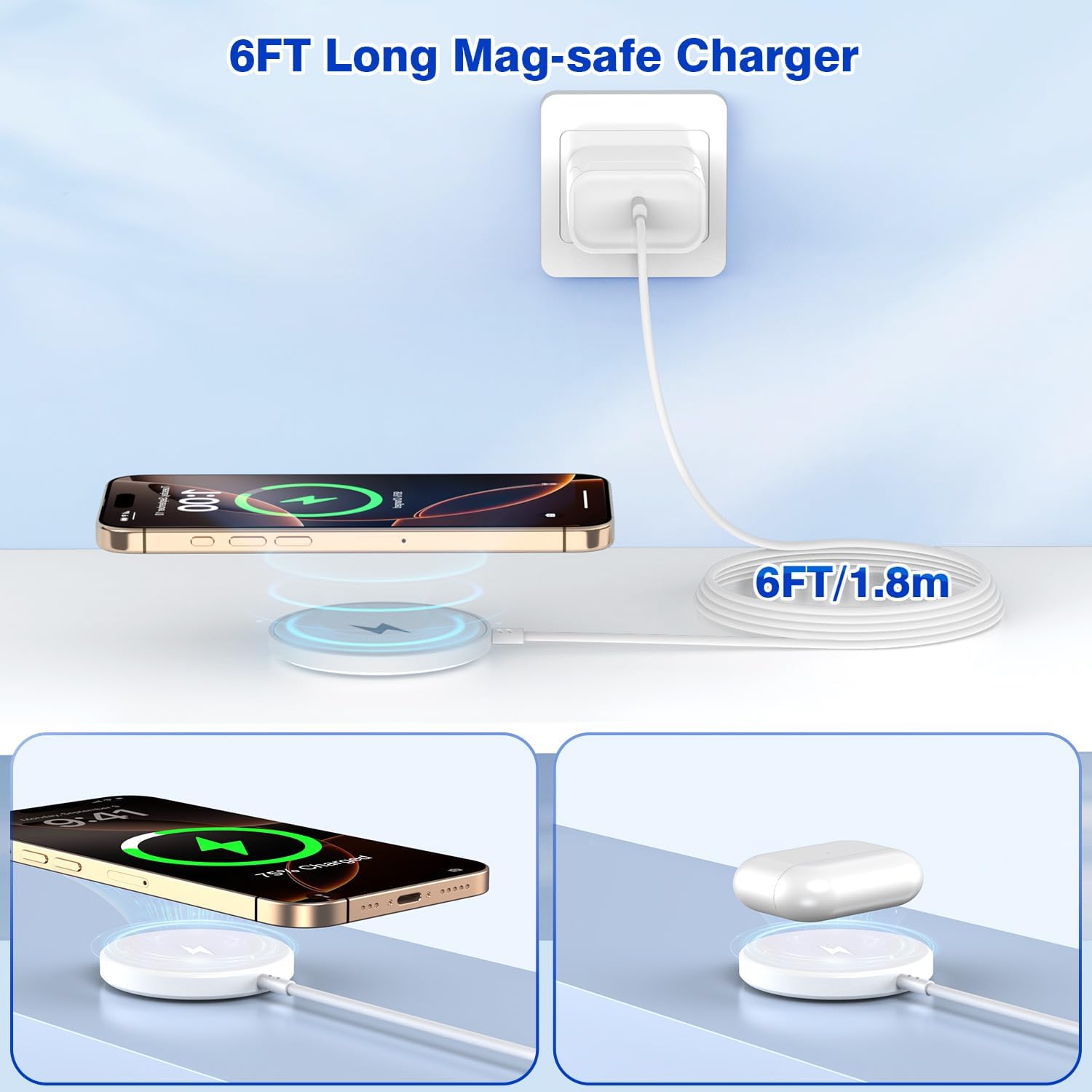 [Apple MFi Certified]Magnetic Wireless Charger Apple Mag Safe Charger,15W 6FT Fast Wireless Charging Pad for AppleiPhone 16 Pro Max/16 Pro/16 Plus/15 Pro Max/14/13/12/AirPods3/2/Pro/Pro2,Charging Pad