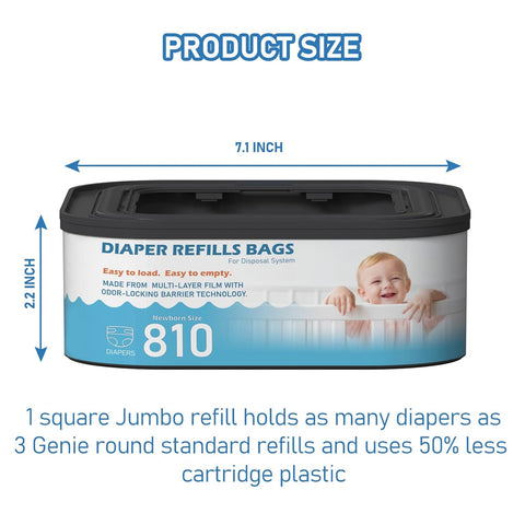 Jumbo Square Refills Disposal Bags Refill Compatible with Diaper Genie Classic, Compact, Premier and Select Pails, Hold Up to 810 Newborn-Sized Diapers Per Refill, Pack of 3