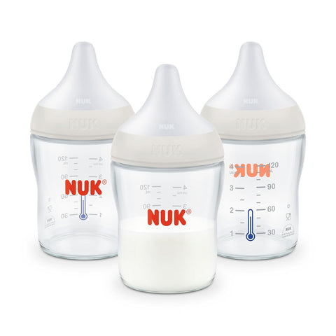 NUK Perfect Match Glass Natural + Anti-Colic Bottle, 4 oz. Glass Baby Bottles with SafeTemp Temperature Indicator, Newborn Essentials, 3-Pack