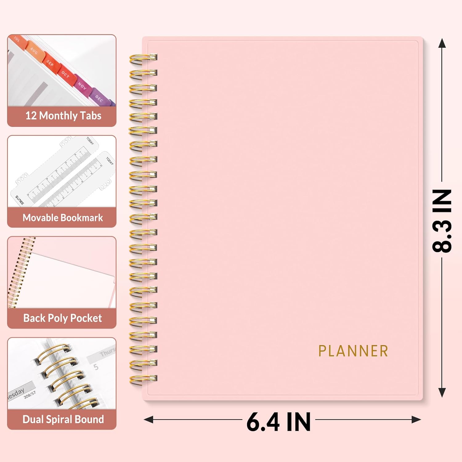 SUNEE Academic Planner 2026-2027 – Weekly & Monthly Planner, July 2026 to June 2027, 6.4"x8.3", Thick Paper, Tabs, Pockets, Bookmark, Spiral-Bound, Student Teacher Organizer, Pink
