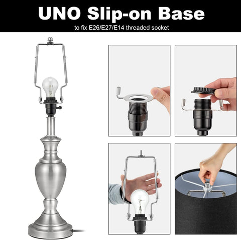 Lamp Harp Kit, 7 8 9 10 inch Adjustable Lamp Shade Holder, Hardware Parts Included Harp Frame and Finials, Standard Saddle, E14 E26 E27 Light Base UNO Fitter Adapter, Lamp Bracket Accessories (Silver)