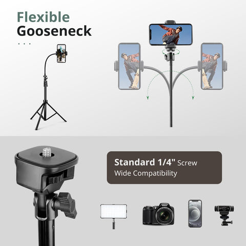 Sensyne 88" Phone Tripod, Selfie Stick Tripod with 14.95" Flexible Gooseneck, Overhead Cell Phone Stand for Video Recording, Photography, Compatible with Phone, Camera