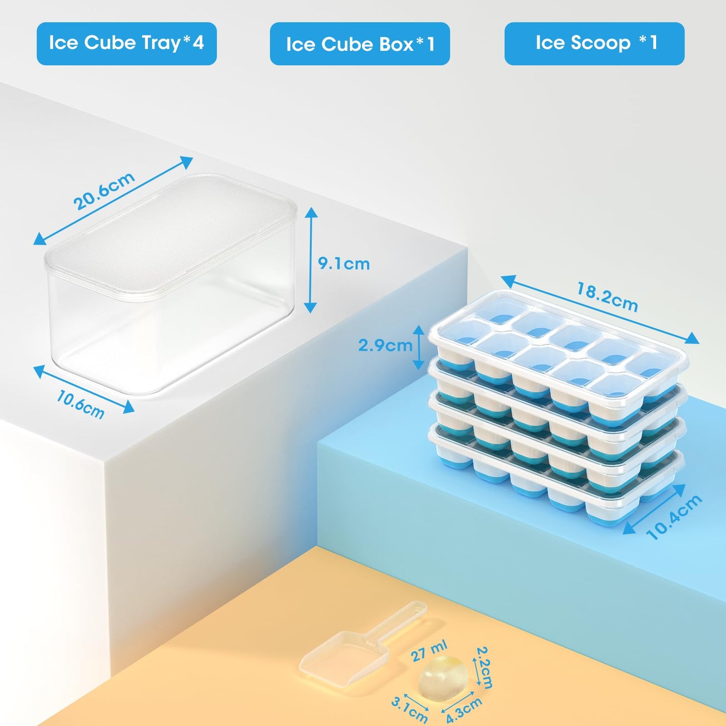 DOQAUS Ice Cube Tray with Lid and Bin, 4 Pack Silicone Plastic Ice Cube Trays for Freezer with Ice Box, Ice Trays with Ice Container, Stackable Ice Tray with Storage Ice Bucket Kits, Ice Scoop