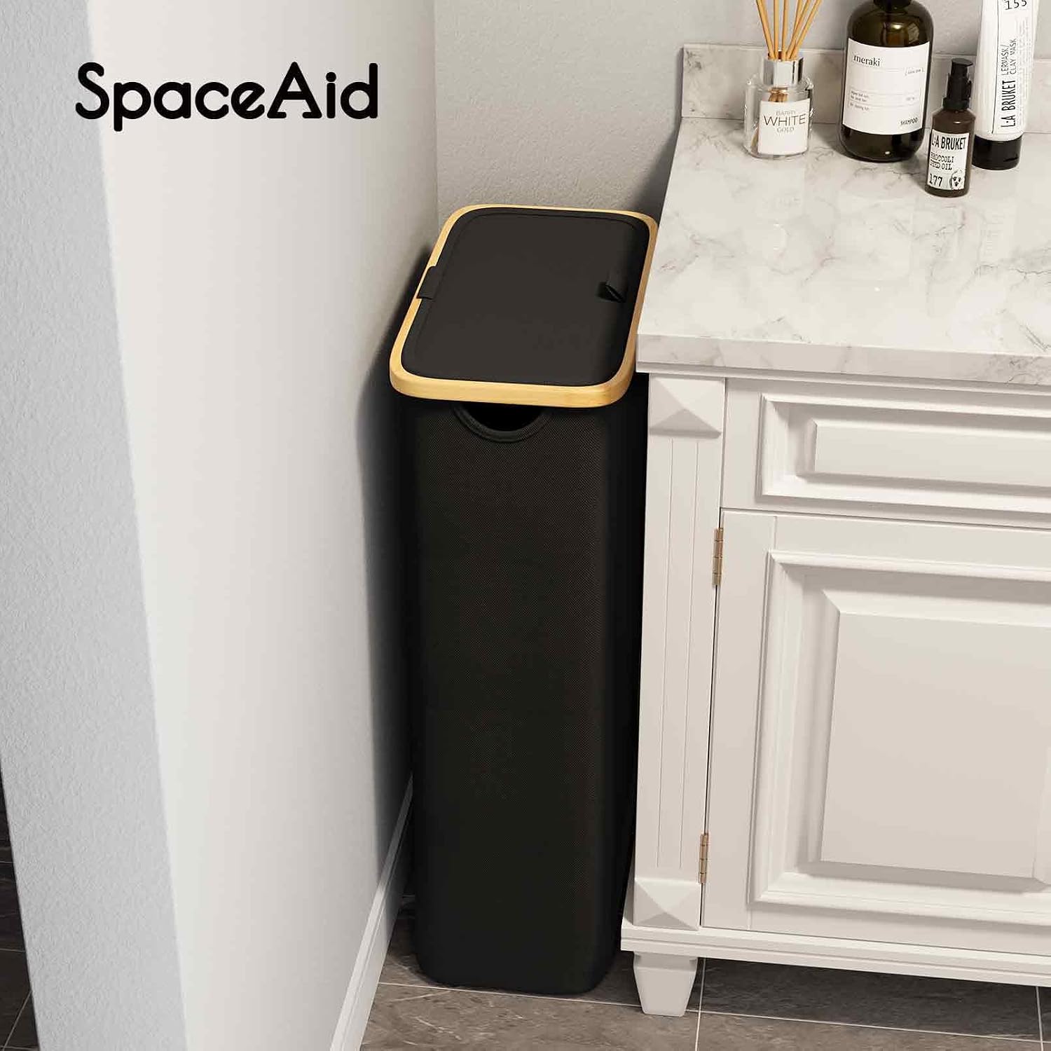 SpaceAid Slim Laundry Hamper with Lid, 65L Narrow Clothes Basket Bin with Bamboo Handles, Skinny Tall Collapsible Hamper for Bedroom, Bathroom, Dorm, Laundry Room - Black