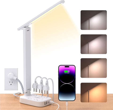 One Beat Small LED Desk Lamp Power Strip 5ft Extension Cord with 3 Outlets 4 USB Ports(2 USB C), 4 Modes, 5 Level Touch Lamp Study Reading Light, Home Office Bedroom College Dorm Room Essentials,White