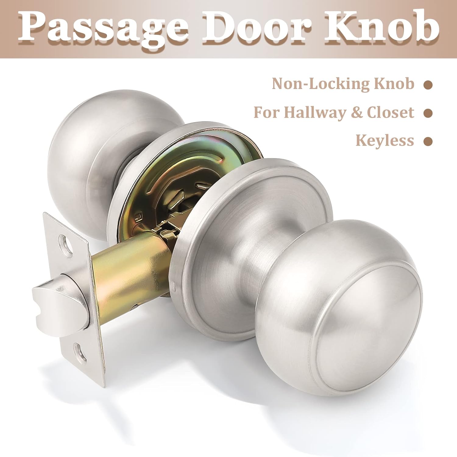 Probrico 3 Pack Round Passage Door Knob(Non-Locking Knobs), Keyless Doorknobs Interior/Exterior Door Lockset,Passage Knobs for Hallway/Closet,Satin Nickel Finish Modern Design Door Hardware