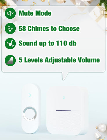 AIDA Lighted Wireless Doorbell for Home, Waterproof Battery Doorbell Wireless 1,000ft Range, 5 Volume Levels with 58 Chimes & LED Flash on Receiver (White, 2 Buttons & 1 Receiver)