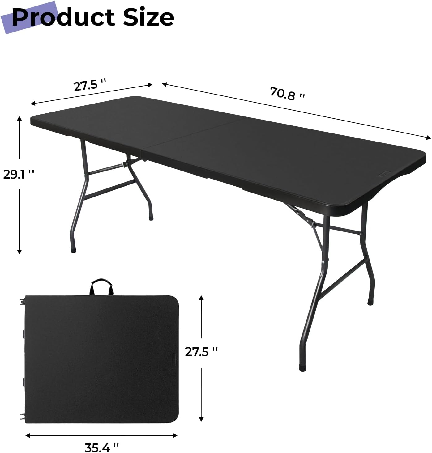 Folding Table 6ft, Heavy Duty Portable Utility Table with Handle, Black