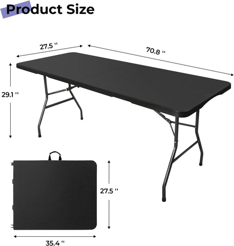 Folding Table 6ft, Heavy Duty Portable Utility Table with Handle, Black