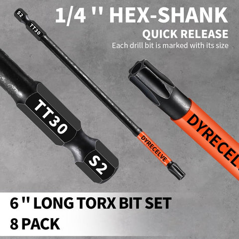DYRECELVE 6-Inch Long Security Torx Bit Set, 8-Pack Impact T8-T40 Star Bits