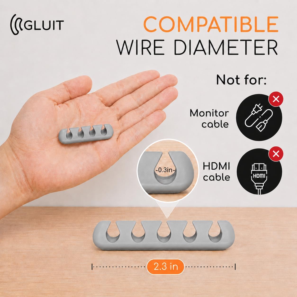 Cord Organizer for Desk, Nightstand Cable Holder, 5 Pack, Multislot, Grey