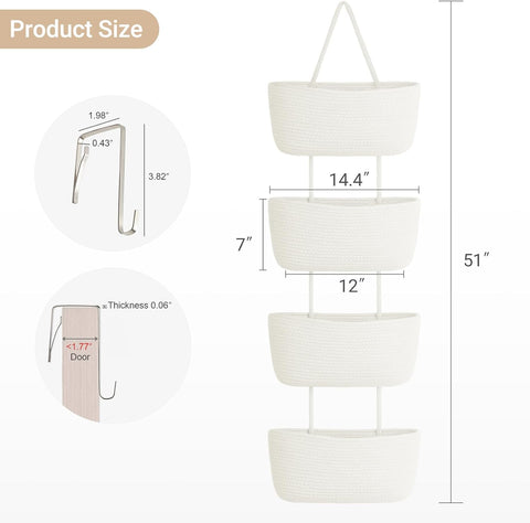 Dahey Over The Door Hanging Basket Storage 4-Tier Woven Wall Basket, White