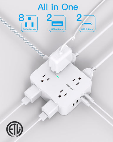 10 Ft Surge Protector Power Strip, Extension Cord with 8 AC Outlets 4 USB (2 USB C) Ports, Flat Plug, Wall Mount Desk USB Charging Station for Home