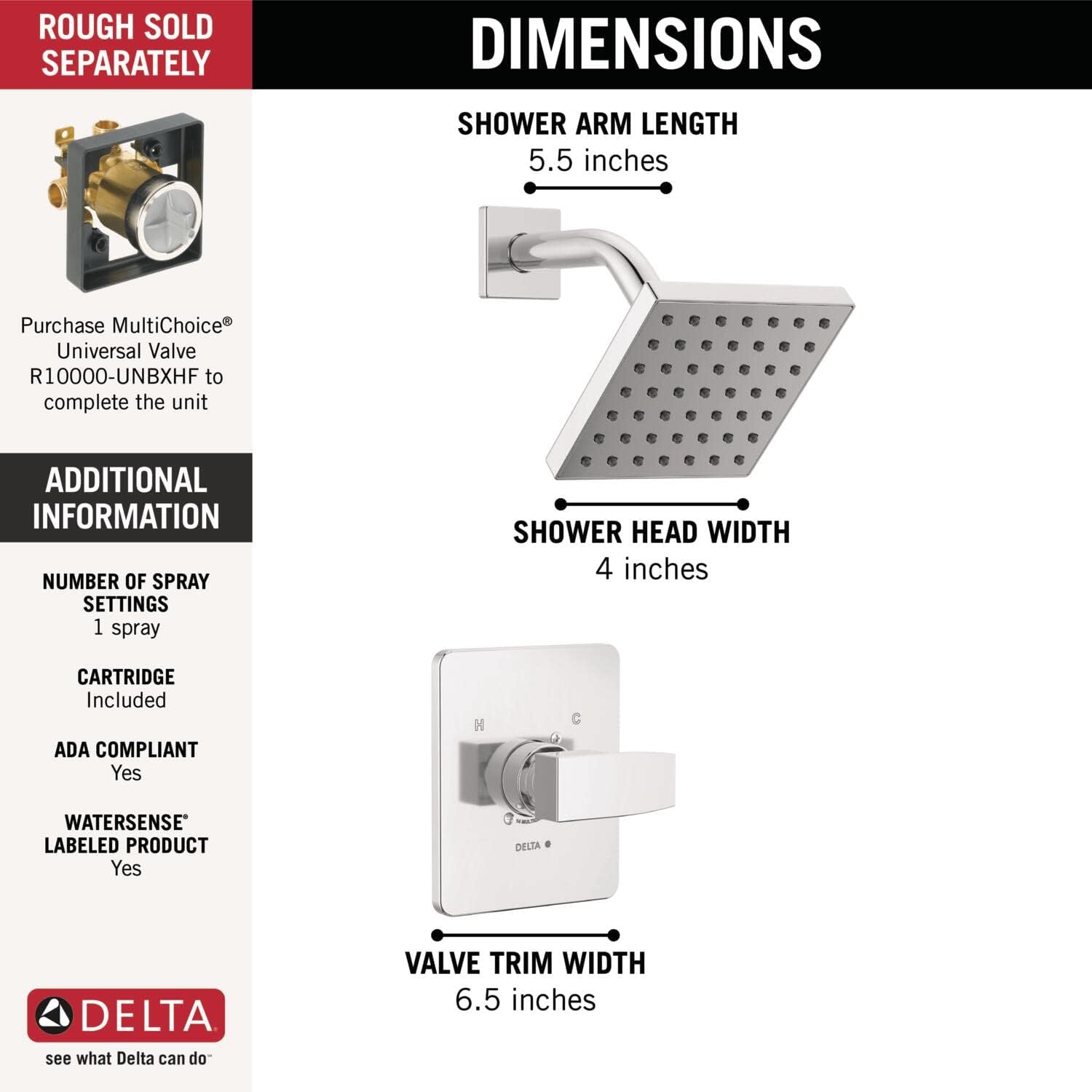 Delta Modern 14 Series Shower Faucet Set, Chrome Shower Head and Handle Set, Valve Trim Kit, Chrome T14267-PP (Valve Not Included)