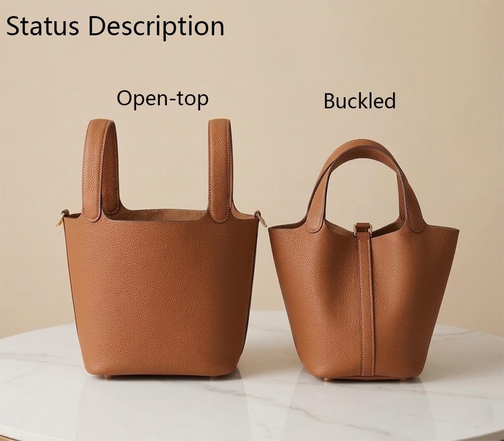 Genuine Leather Bucket Bag, Top-Handle Satchel Handbag with Lock