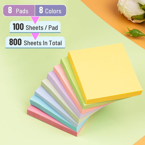 Sticky Notes 3x3 in, 8 Pastel Self-Stick Pads, 800 Sheets for School Office