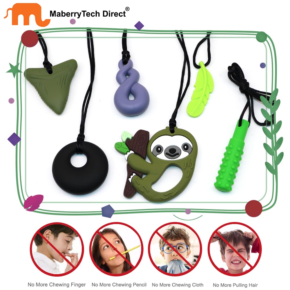 Sensory Chew Necklace for Kids Boys Girls, 6 Pack Silicone Chew Toys for Kids with ADHD Autism, Anxiety, Chewy Necklace Sensory Toys Reduce Adult Chewing Fidgeting (Green Sloth)
