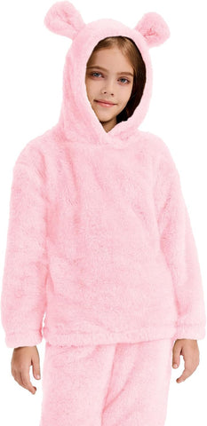 Flygo Girls Fuzzy Pants Set Crop Hoodie and Fleece Pants Sweatsuit