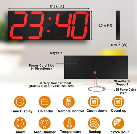 CHKOSDA LED Large Digital Wall Clock, Oversize Wall Clock with 6” Numbers, Remote Control Count up/Countdown Timer Clock, Auto Dimmer, Big Calendar and Thermometer(Red)