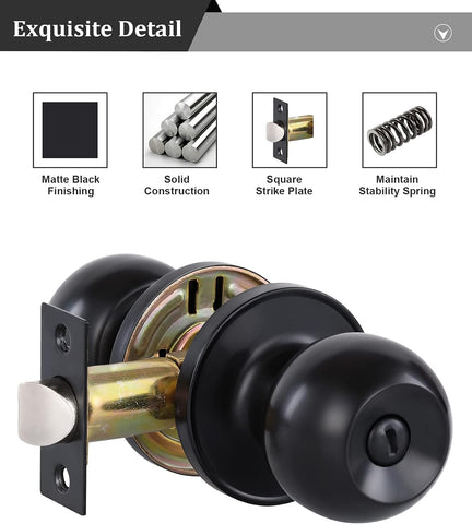 Lanwandeng (3Pack) Matte Black Privacy Door Knobs with Lock for Bedroom/Bathroom, Keyless Interior Door Locksets
