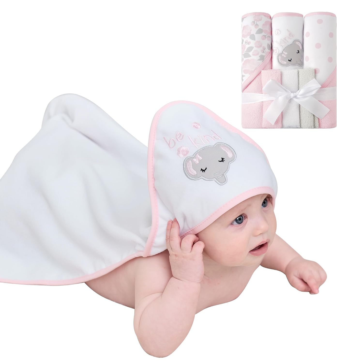 Viviland Baby Towels and Baby Wash Cloths Set Hooded Baby Towels Baby Wipes Absorbent Bath Face Towels Burp Cloths or Face Towels for Girl Boy 6-Pack Size 28 x 28 Inch(Elephant Flower)