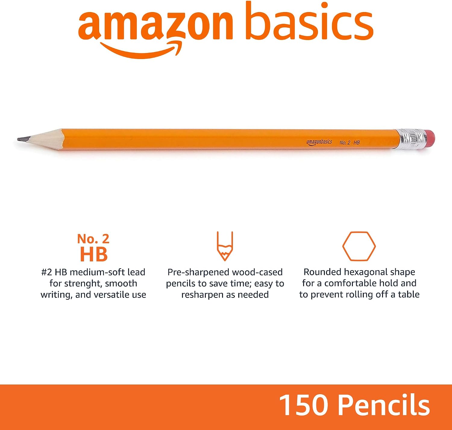 Amazon Basics Wood-Cased #2 Pencils for Writing, Drawing and Sketching, Pre-sharpened, HB Soft Lead with Erasers, Teacher Supplies, 150 Count, Yellow