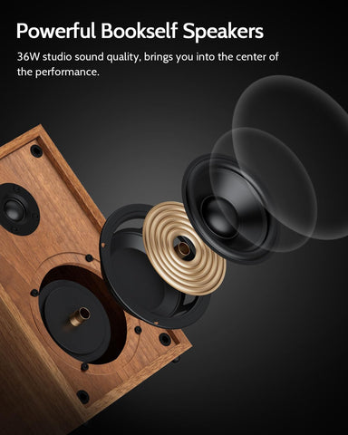 1 BY ONE Bluetooth Turntable HiFi System with 36 Watt Bookshelf Speakers