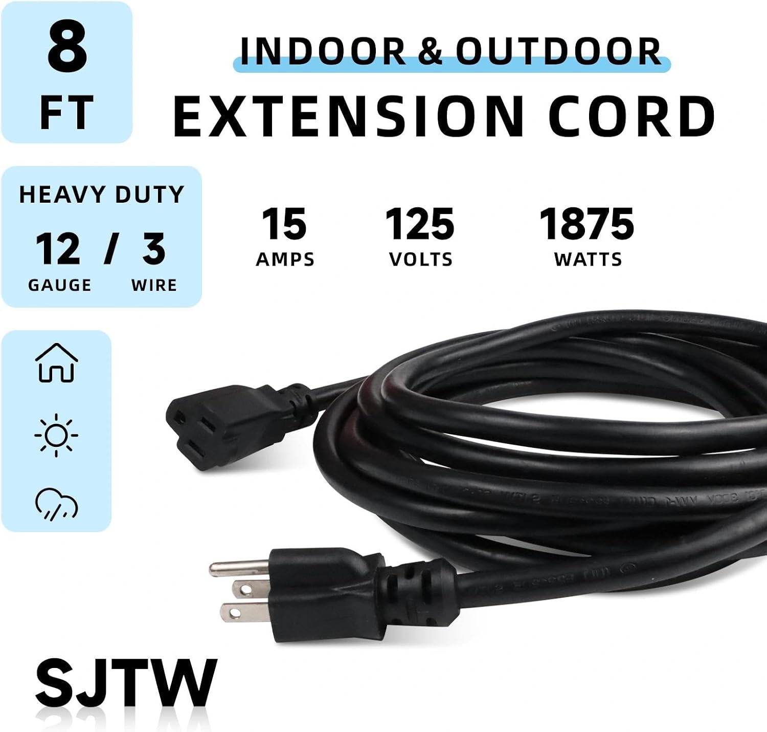 EP 8 Ft Heavy Duty Outdoor Extension Cord, 12/3 SJTW Black 3-Prong