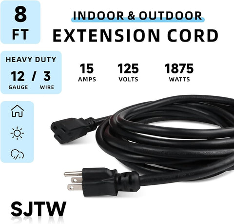 EP 8 Ft Heavy Duty Outdoor Extension Cord, 12/3 SJTW Black 3-Prong