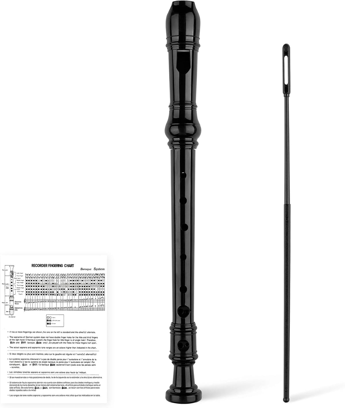 Soprano Recorder Instrument for Kids Beginners 8 Hole Flute for School Students with Cleaning Rod, C Key Baroque Fingering, Black Plain Edition