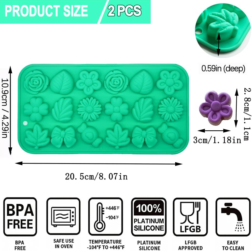 Candy Molds Silicone - 2Pcs Silicone Gummy Daisy Flower/Tulip Flower/Bow Tie/Leaf Candy Mold for Candy Chocolate Gummy Jello Baking Soap Pudding Cookie Desserts Making