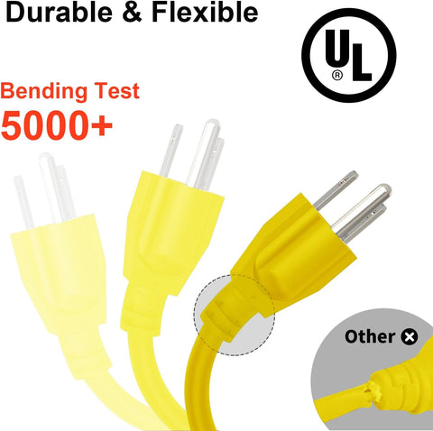 Outdoor Extension Cord Waterproof 100 FT, Yellow 12/3 SJTW Heavy Duty, Flexible 100% Copper 3 Prong Extension Cord for Lawn, Garage