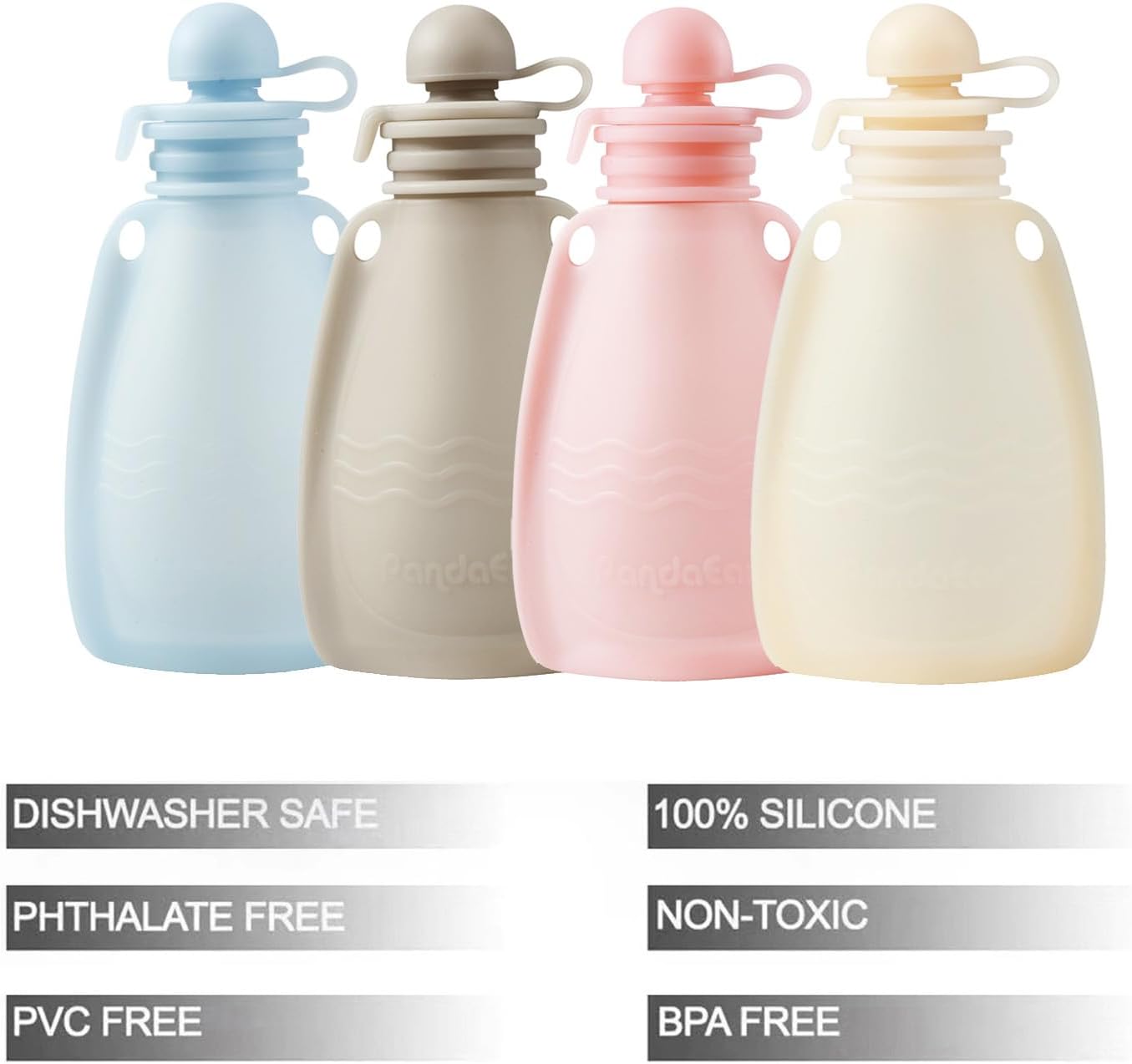 PandaEar Reusable Silicone Baby Food Pouches, 4 Pack Squeeze Pouches for Toddler Kids, BPA-Free Silicone Refillable Baby Food Storage, 5 oz