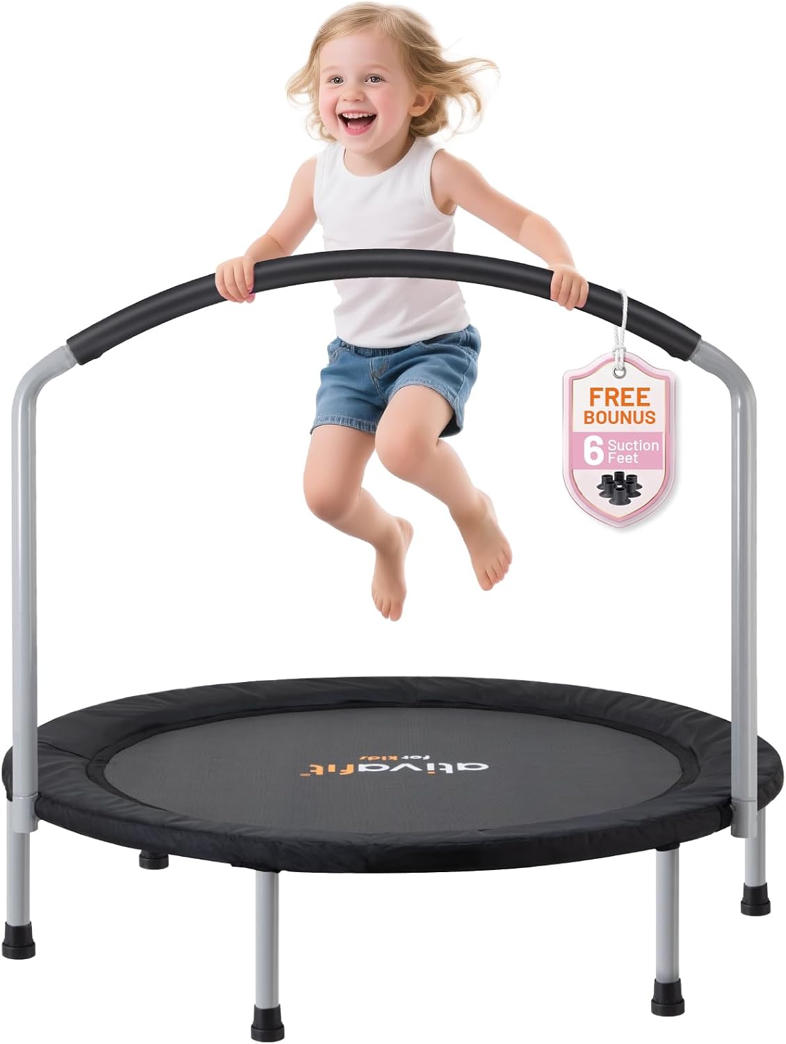 Ativafit 36inch Elastic Band Big Handle Toddler Trampoline for Kids Ages 2-6 Indoor Outdoor Mini Trampoline with Safety Padded Cover Fun for Kids