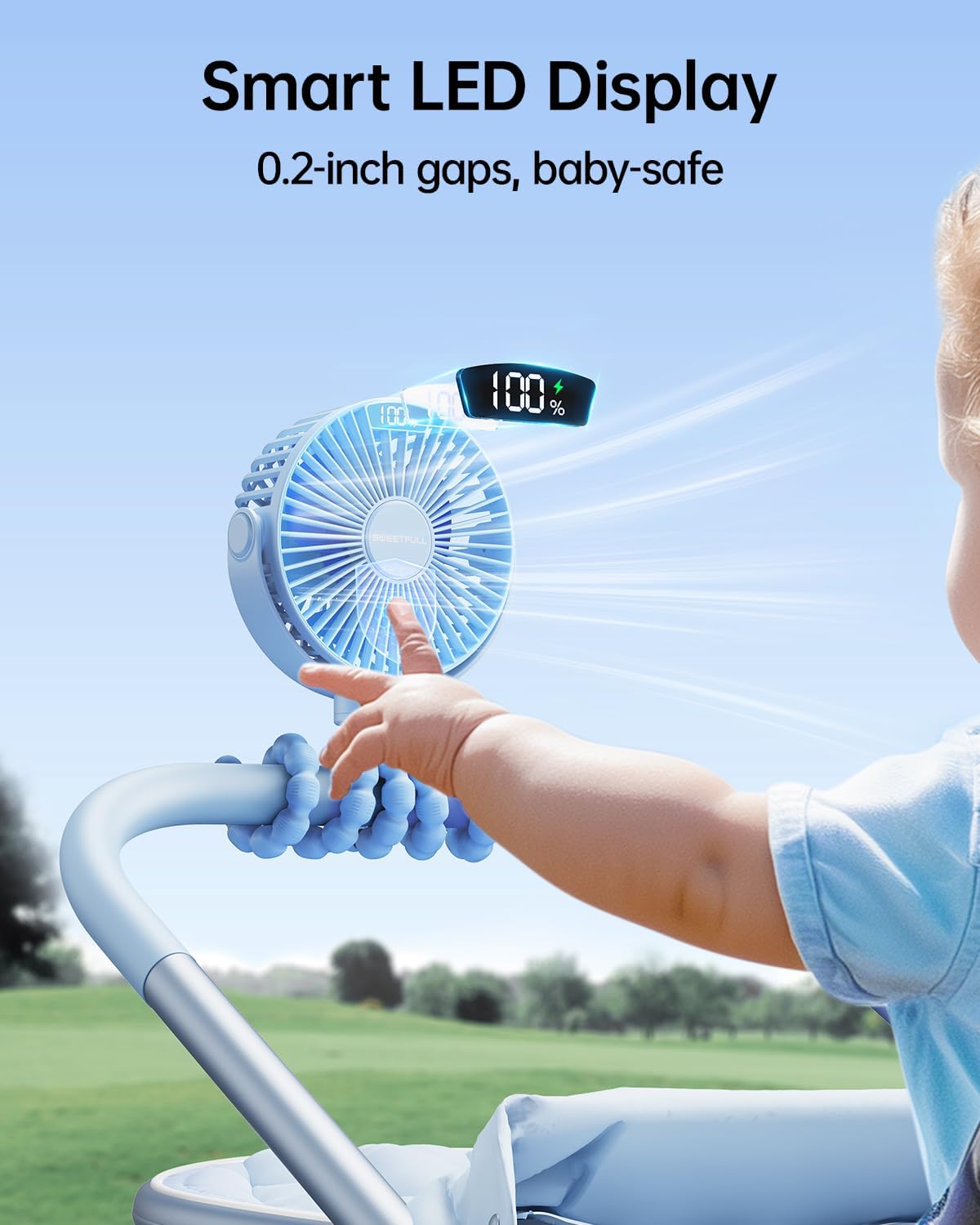 SWEETFULL Portable Stroller Fan with LED Display, 4 Speed Rechargeable Mini Clip On Fan,Built-in Non-Removable Rechargeable Battery，Sealed housing