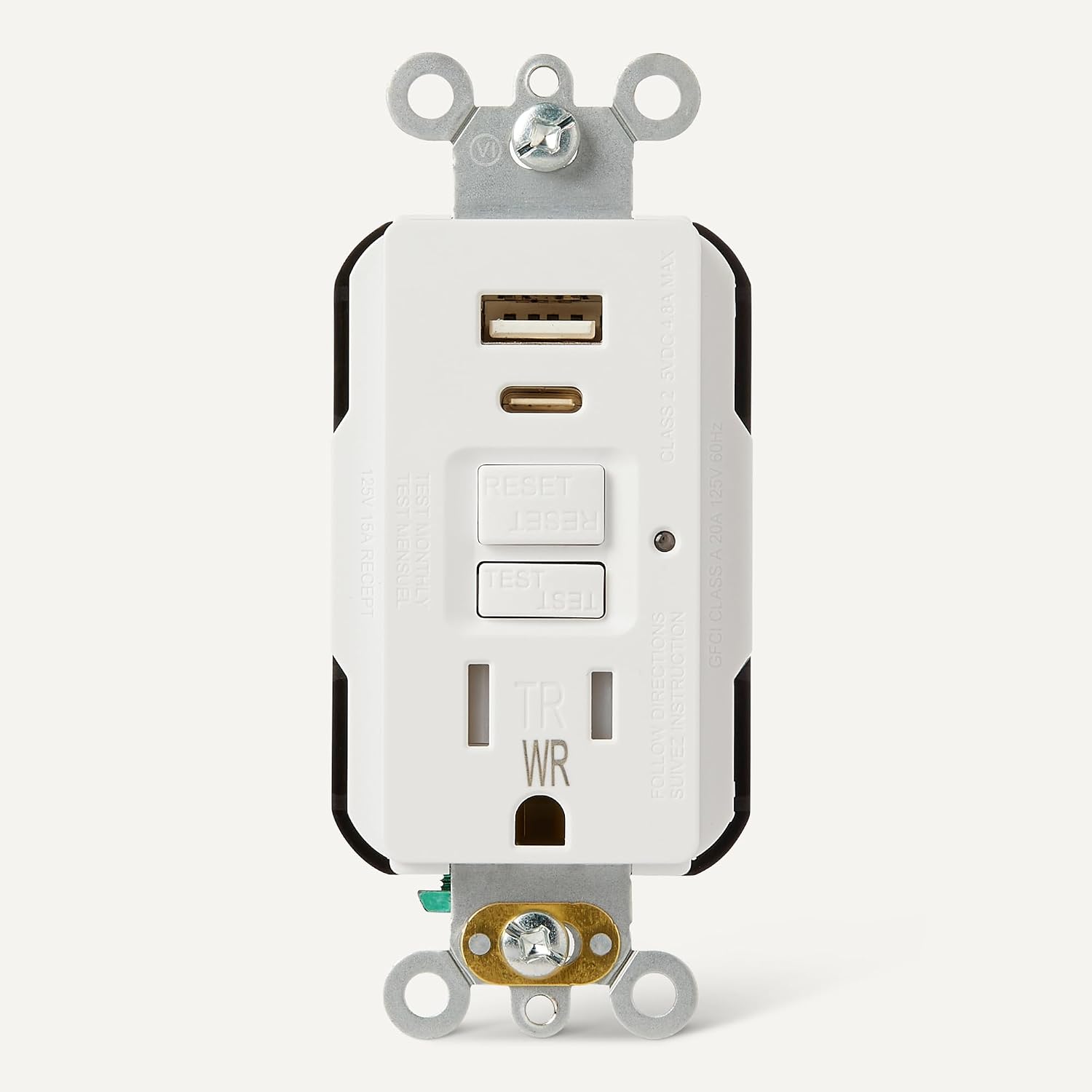 Amazon Basics Weather Resistant GFCI Receptacle with USB-A and USB-C Ports, 15 Amp Self-Test Outlet, Tamper Resistant, White, 1 Pack