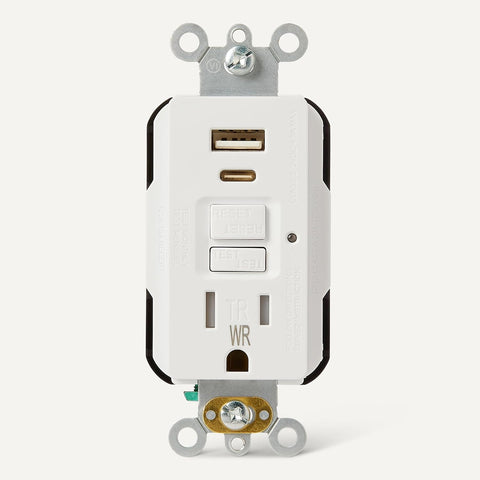 Amazon Basics Weather Resistant GFCI Receptacle with USB-A and USB-C Ports, 15 Amp Self-Test Outlet, Tamper Resistant, White, 1 Pack