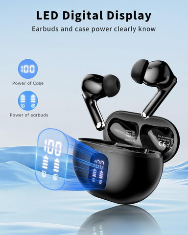 Wireless Earbuds, Bluetooth 5.4 Ear Buds Bass Stereo, Headphones with Noise Cancelling Mic, LED Display in Ear Earphones Clear Calls, IP7 Waterproof Bluetooth Earbuds for Phone/Android/iPad Dark Black