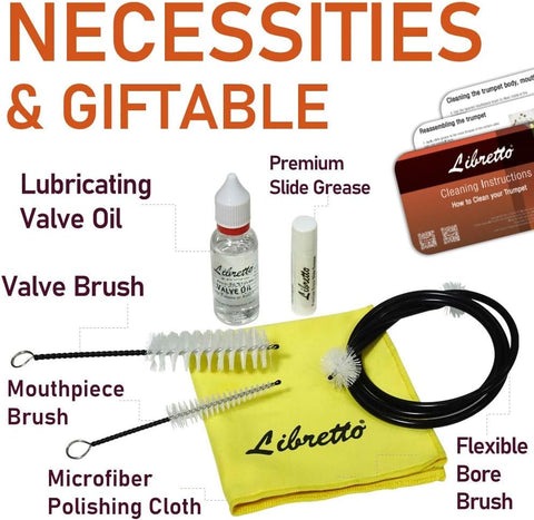 Libretto Trumpet (Cornet) All-Inclusive Care Kit w/Instructions: Valve Oil+Slide Grease+Cleaning Cloth+Mouthpiece/Valve/Bore Brushes, Giftable Handy Case, Time to Clean & Extend Life of Your Trumpet!