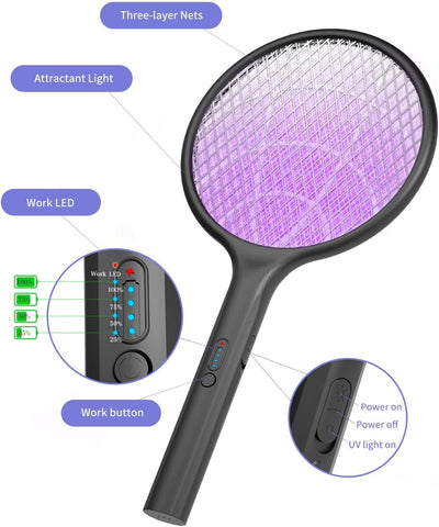 2Pack Electric Fly Swatter,4000V Bug Zapper Racket with 1500mah Battery Rechargeable,2 in 1 Fly Zapper & Purple Mosquito Killer Lamp with 3 Layers of Safety Net Suitable for Indoor and Outdoor Black