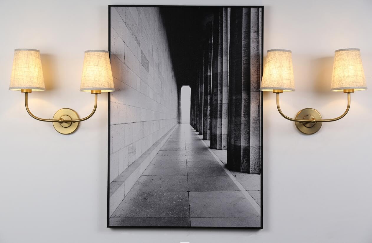 PERMO Vintage Double Sconce Large Antique 2-Lights Sconces with Flared Funnel Linen Beige Fabric Shade Hardwired Double Wall Sconce E26 Base