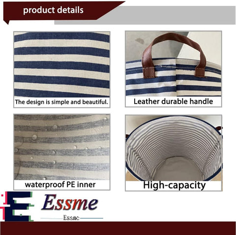 ESSME 2pack Kids Laundry Hamper,Boys laundry basket,Collapsible Bule storage basket with Waterproof PE Coating,Canvas Fabric Nursery Hamper for Kids Room Decor,Toy storage,Gift,Baby Clothing.(2pack Navy Blue stripes)